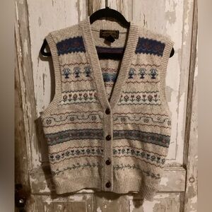 Eddie Bauer VTG Wool Button Front Sweater Vest  Fair Isle Print Sz. Large - 1989